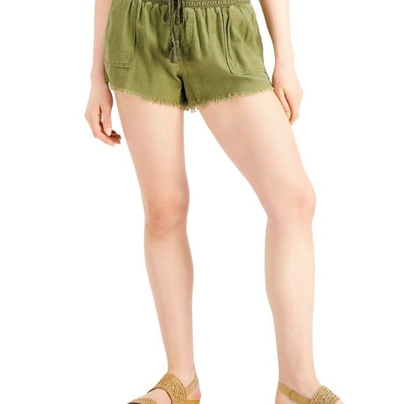 JR380 Rewash Green Juniors' Smocked-Waist Frayed-Hem Shorts Size M - Picture 2 of 2